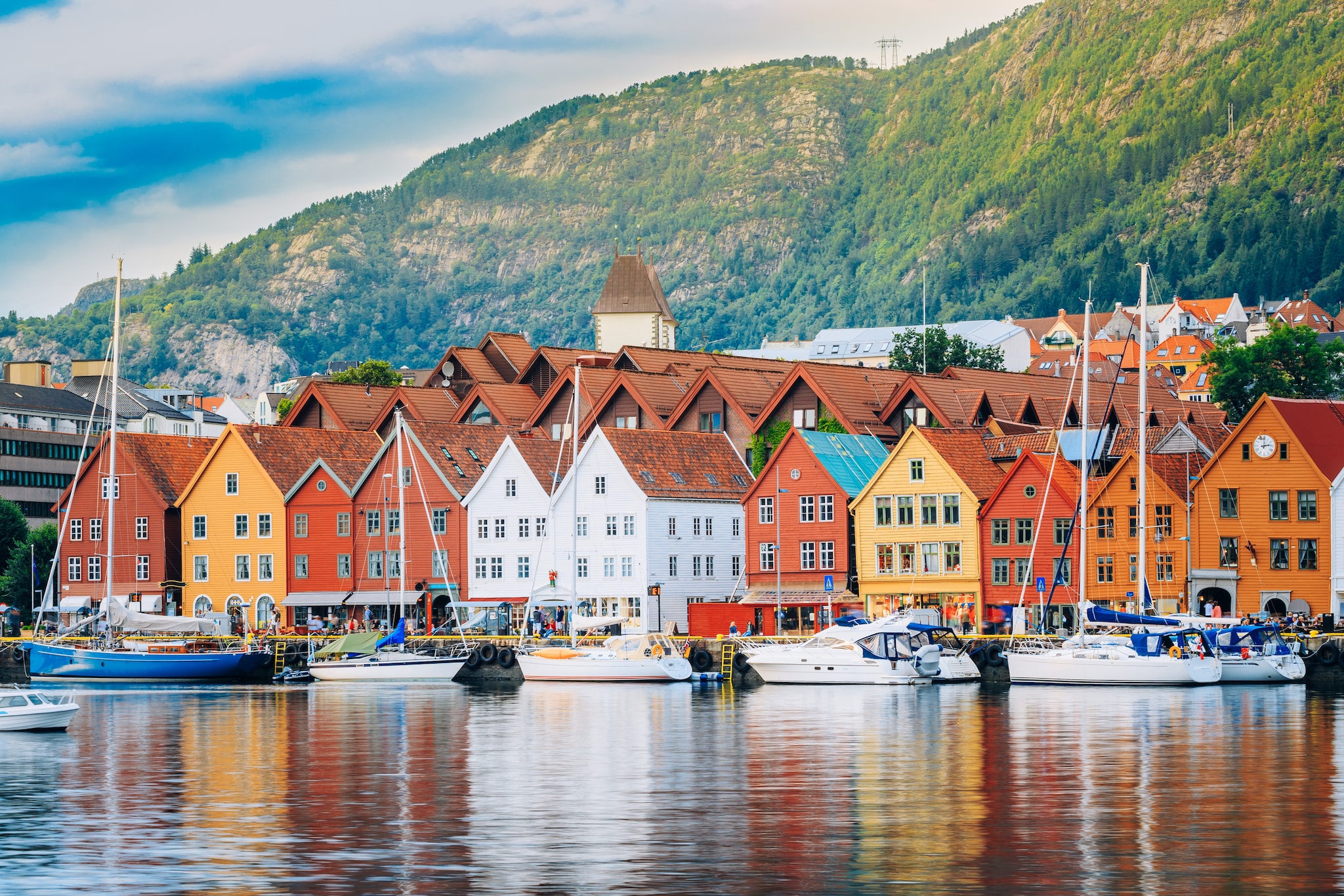 Bryggen, a row of Hanseatic heritage commercial buildings on the Vagen harbour in Bergen, Norway