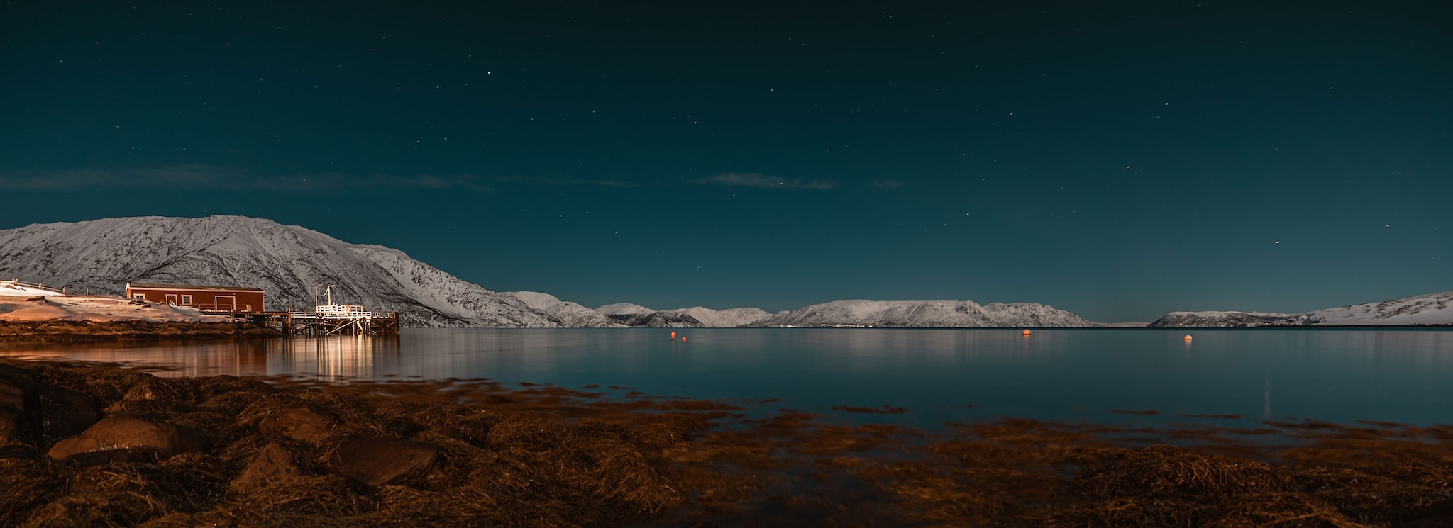 A scenery of Northern lights over the ocean in Alta