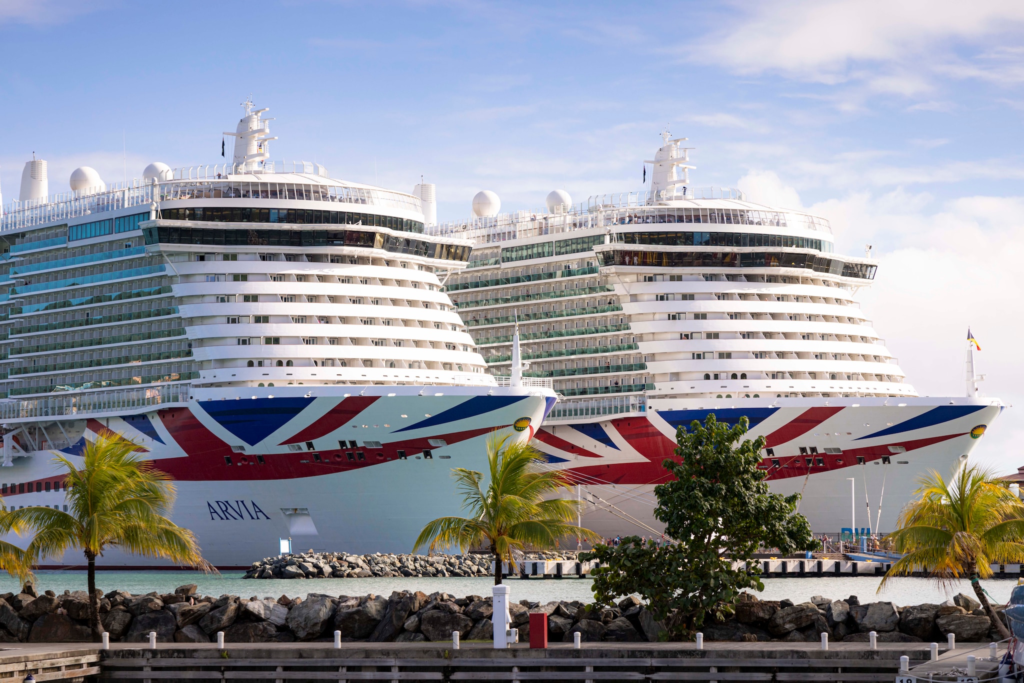 P&O Cruises two largest ships, Excel class Arvia (left) and Iona, both berthed in the British Virgin Islands, the first time there have been two P&O Cruises ships of this size in the same Caribbean port. Iona is on a 35 night Caribbean itinerary which left Southampton on January 11, 2025 and will call at Tenerife, Tortola, Barbados, St Lucia, Martinique, Antigua, St Kitts, St Maarten and La Coruna.Arvia is based in the Caribbean each year from November through to March offering 14 night fly/cruise itineraries from Barbados. The ships, which each carry 5,200 guests and 1,800 crew, offer the choice of over 30 restaurants and bars.Ship features include Altitude high ropes course 200 feet above sea level; Mission Control, an interactive immersive experience and Schhh, an evening experiential show which was originally created by Nicole Scherzinger who also named Arvia in a glittering ceremony in Barbados and attended by Olly Murs, Trevor Nelson and Sara Cox in 2023.Picture date Friday 24th January, 2025.Picture by Christopher Ison. Contact +447544 044177 chris@christopherison.com