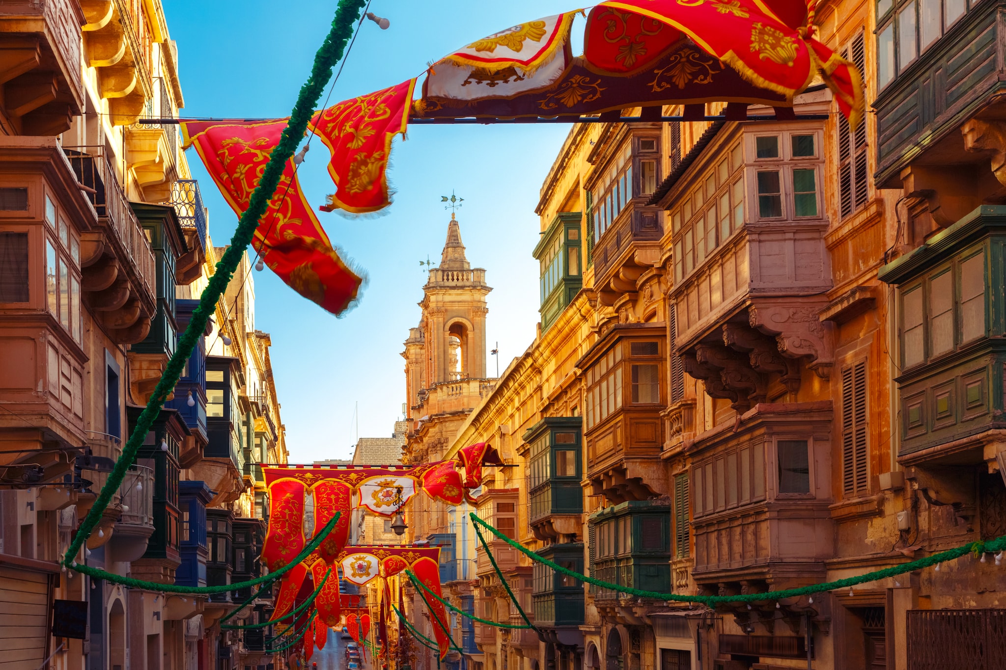 Festively decorated street in the old town of Valletta, Malta
