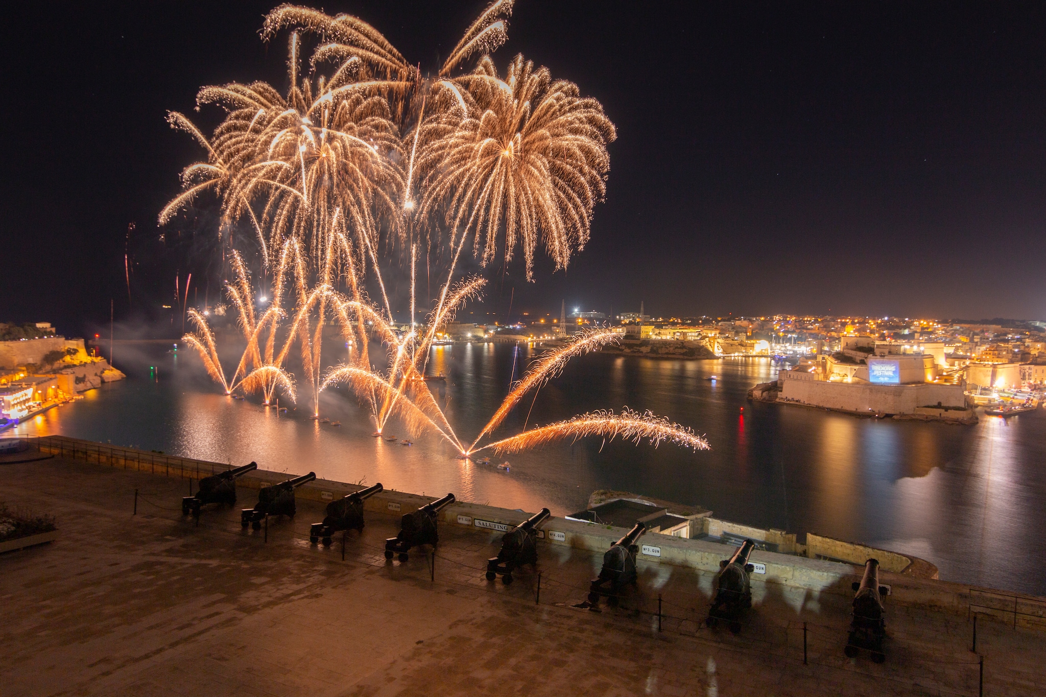 Malta Fireworks Festival 2024 at Valletta front harbour. A spectacle of lighs, colors and music